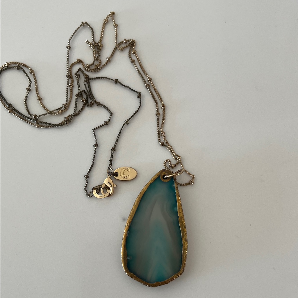 Vintage Charming Charlie Teal Pendant Necklace With Gold Trim
